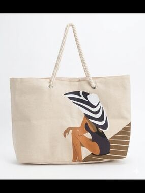 Beige Graphic Cotton Beach Tote with Rope Handles
